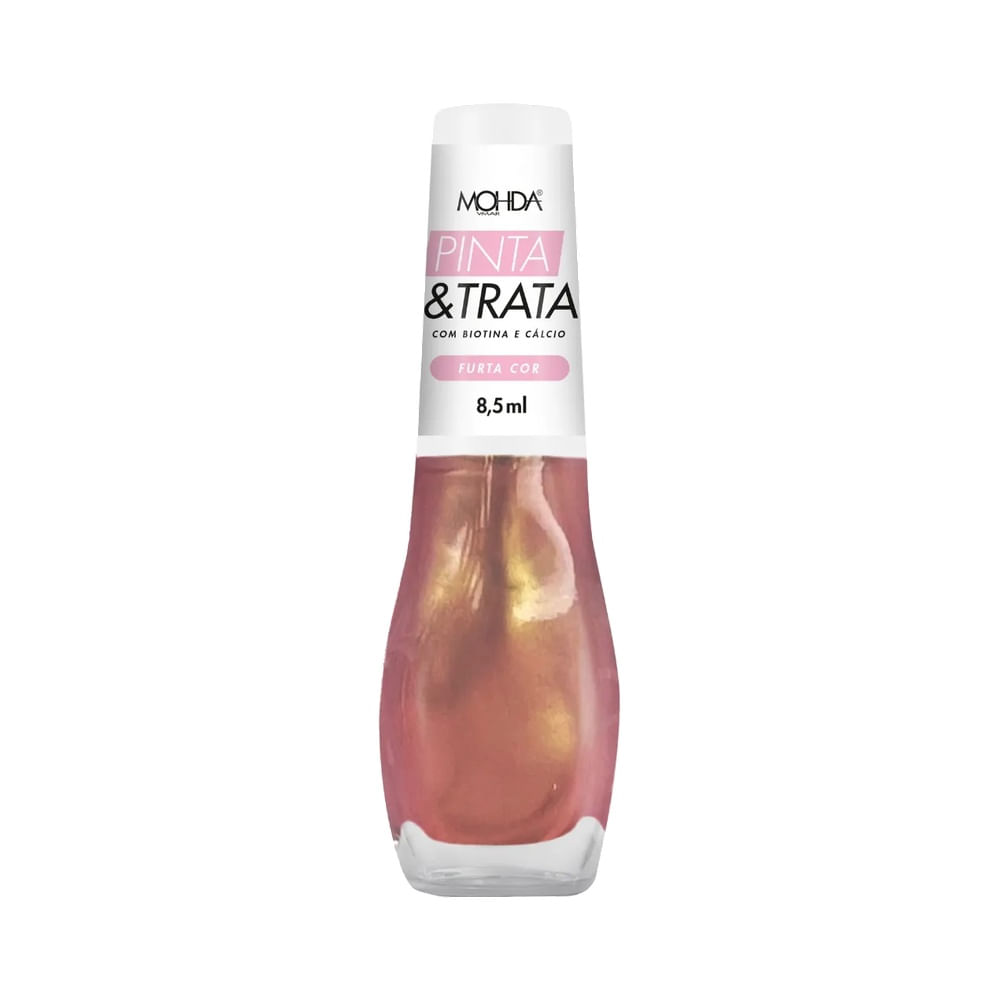 Esmalte Mohda Pinta e Trata Furta Cor, frasco transparente com tampa branca e acabamento furta-cor rosado com reflexos dourados